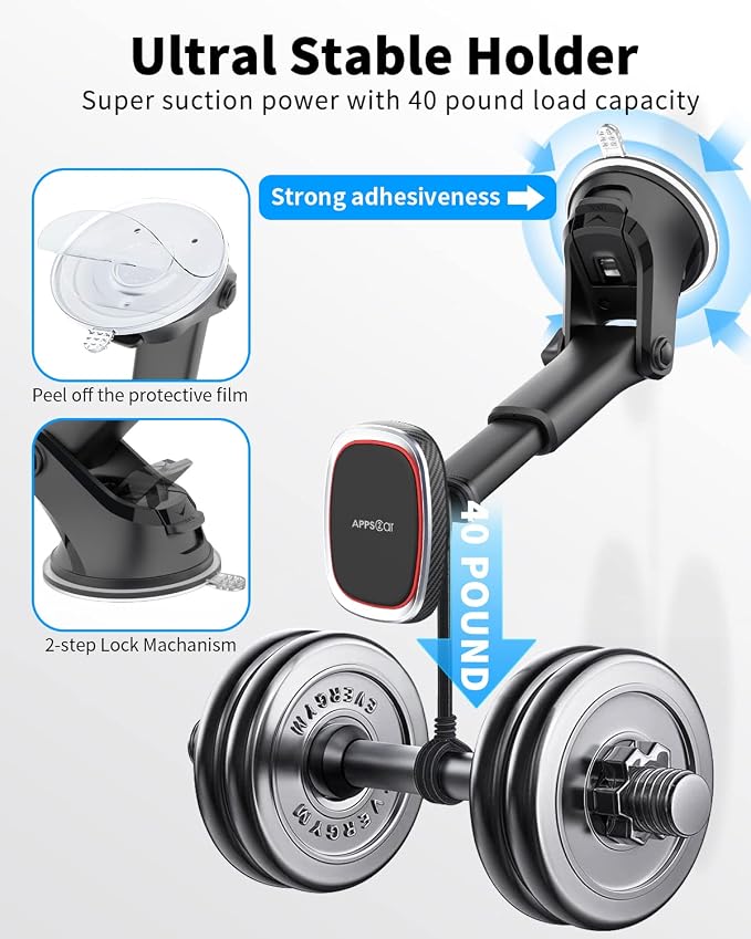 Magnetic Phone Mount, Dashboard Windshield Suction Cup Car Phone Holder Phone Mount with 6 Strong Magnets, Adjustable Telescopic Arm, Compatible with iPhone/Air/Pro/Max/All Smart Phones