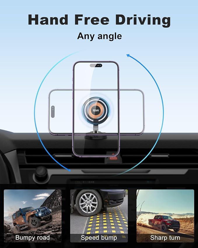 Magnetic Wireless Car Mount Charger, 15W Fast Charging for MagSafe Car Mount,Magnetic Car Phone Holder Mount, Car Cell Phone Holder Fit iPhone 17 16 15 14 13 12 All Smartphones