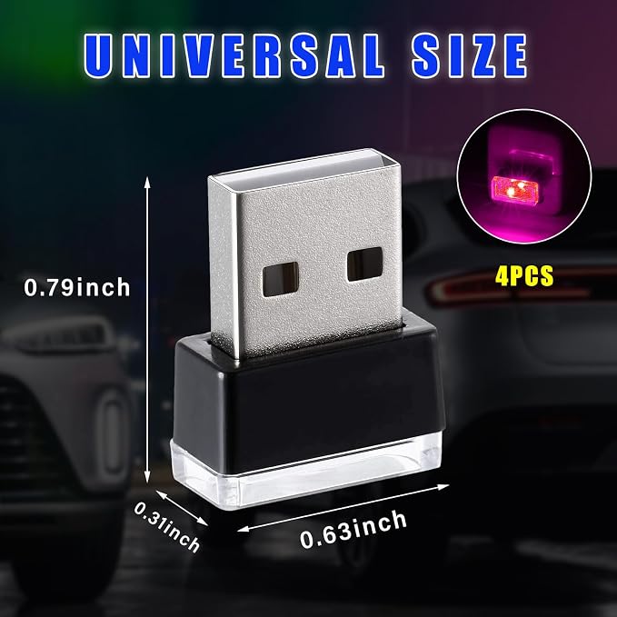 4 PCS USB LED Car Interior Atmosphere Lamp, Plug-in USB Decor Night Light, Portable Auto Ambient Lighting Kit, Universal Vehicle Interior Accessories for Most Cars (Purple)