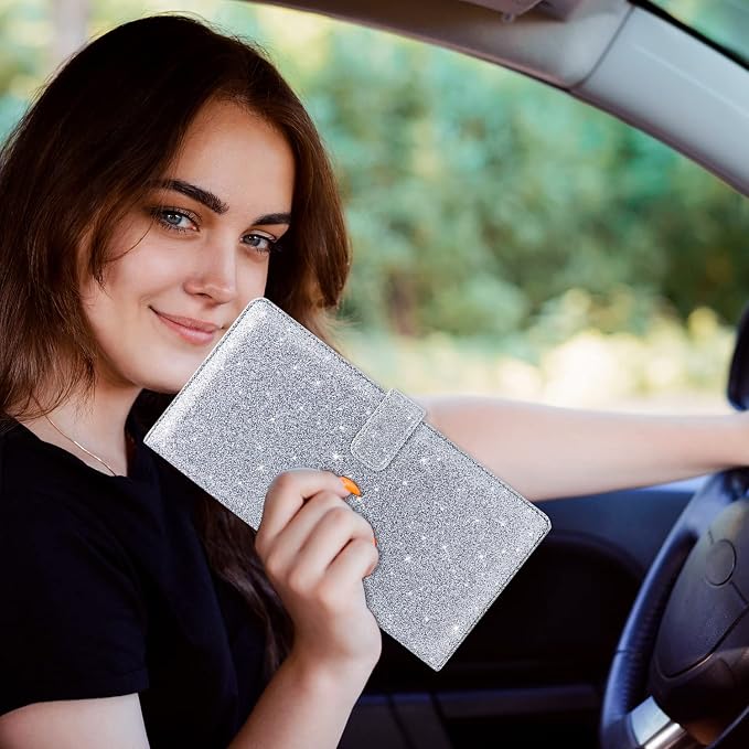 Car Registration & Insurance Holder - Leather Glove Box Organizer, Cool Accessories for ID, Driver's License Cards & Essential Documents, Men & Women, Glitter Gray