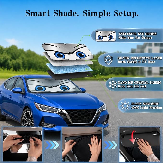 Car Windshield Sun Shade, Universal Fit Compact Sedan SUV, Sport Silver | 59 x 27.5" Car Sun Visor, Foldable Front Window Sunshade, UV Heat Protection, Cute Eyes Series