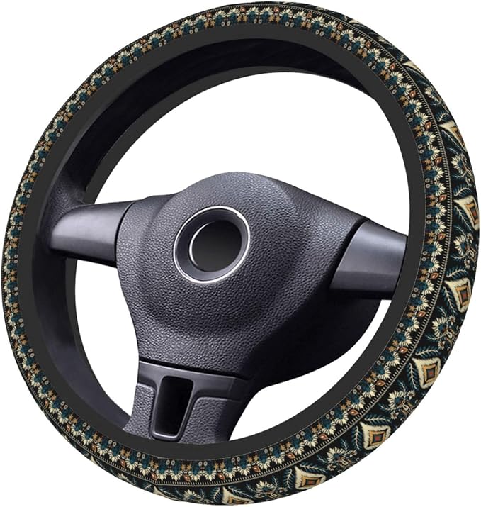 Geometric Steering Wheel Cover Car Elastic Steering Wheel Protector | Aztec Style Abstract Anti-Slip Breathable Car Accessories Interior for Women Men Universal 15 Inch Fit Auto Truck