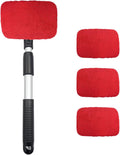 Car Windshield Cleaner Tool, Detachable Car Window Cleaner with Aluminum Extendable Handle & 2 Reusable Cloth Pads, Washable Vehicle Windshield Cleaning Wand for Exterior (Red)