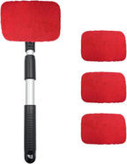 Car Windshield Cleaner Tool, Detachable Car Window Cleaner with Aluminum Extendable Handle & 2 Reusable Cloth Pads, Washable Vehicle Windshield Cleaning Wand for Exterior (Red)