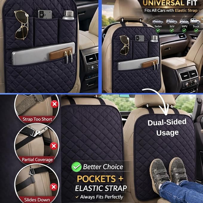 2 Pack Car Back Seat Cover 3 Pocket + 1 XLarge Pocket Organizer Protector from Dirt Scratches Mud Fit All Automotive Model Waterproof Durable Preventing the Impact of Children Kick 17"x25"