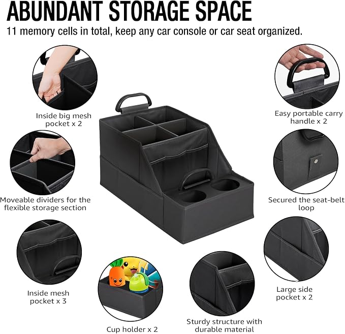 Car Seat Organizer- Backseat Car Organizer with 12 Storages Compartments and 2 Cup Holders, Organizers and Storage, Front Seat for Travel Kids,Black