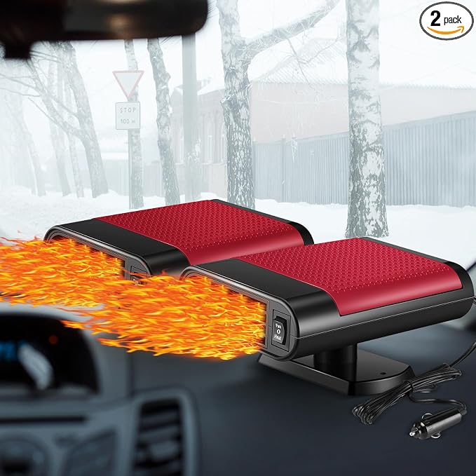 2 Pcs 12V 150W Portable Car Heater Defroster 2 in 1 Modes Automobile Windscreen Fan Heating and Cooling Windshield Fan Defroster Demister with Plug into Cigarette Lighter (Red)