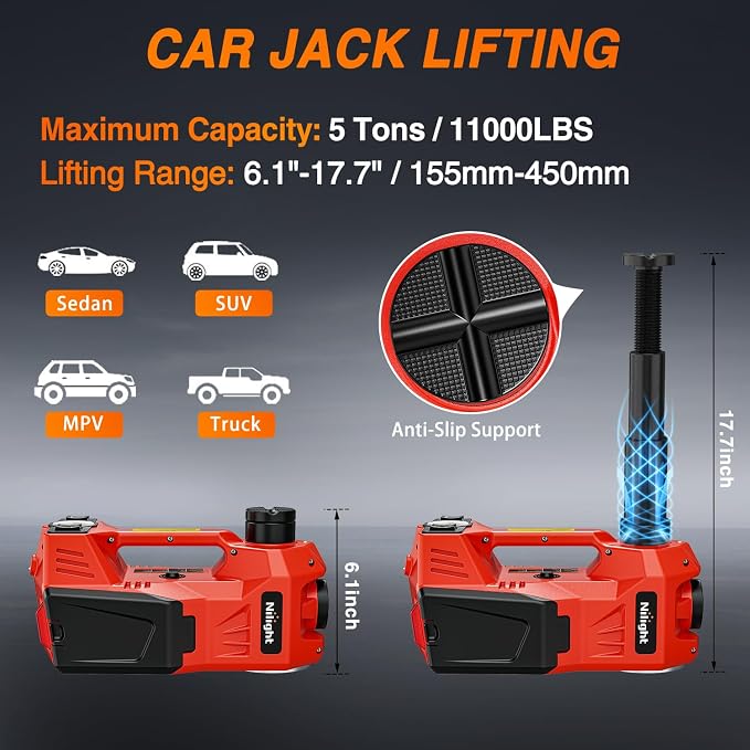 Electric Car Jack 5 Ton 12V Hydraulic with Inflatable Pump LED Light 3 in 1 Portable Floor Jack for Tire Change