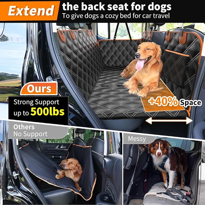 Back Seat Extender for Dogs, Hard Bottom Dog Car Seat Cover for Back Seat Waterproof with Mesh Window and Storage Pocket, Dog Hammock for Cars & SUVs