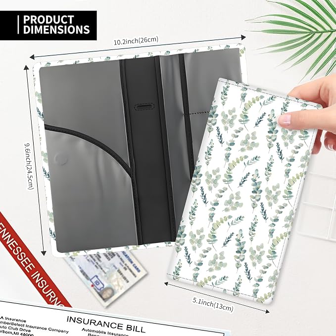 Leather Car Registration and Insurance Card Holder, Cute Car Accessories Vehicle Glove Box Car Organizer for Documents, Cards, License Watercolor Green Leaf