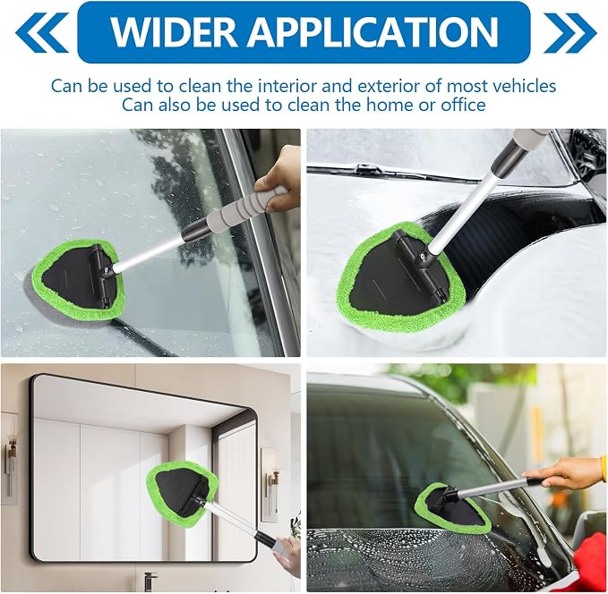 Car Windshield Cleaning Tool, Car Windshield Window Cleaner, Auto Window Glass Cleaning Kit with Extendable Handle & Reusable Microfiber Pad & Spray Bottle, Universal Car Accessories (Green)