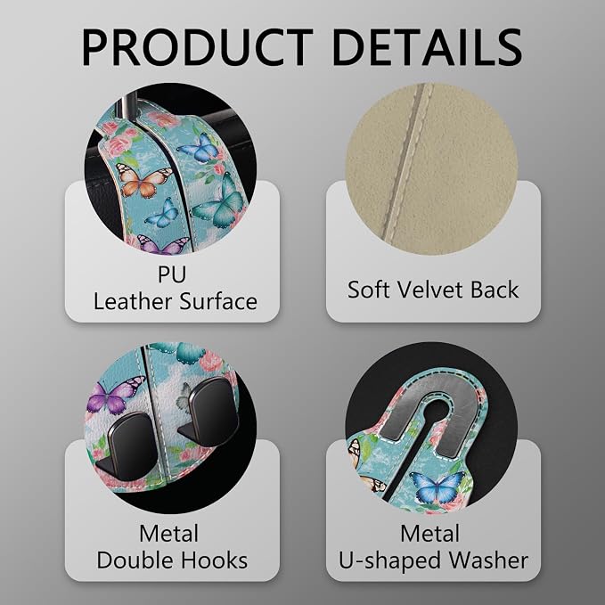 2PCS Car Seat Back Storage Headrest Hooks, Butterfly Purse Holder Bags Hanger, PU Leather Double Metal Hook for Backseat Organizer, Women Car Accessories Organization