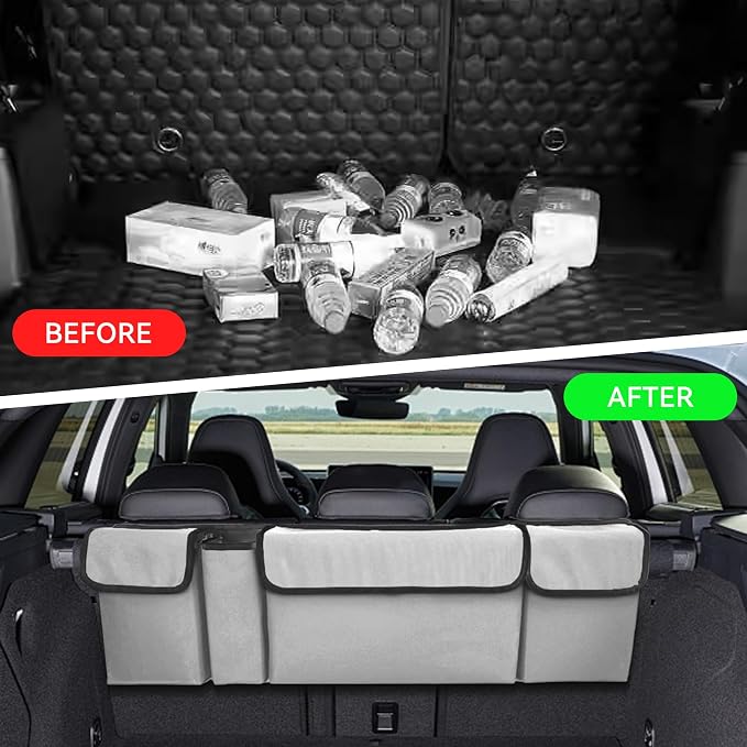 Car Trunk Organizer, Waterproof Collapsible Cargo Bag with 4 Pockets,Backseat Hanging Large Storage with Adjustable Straps, Sturdy Space Saver Frees Trunk Floor for SUV, Truck (white lime)