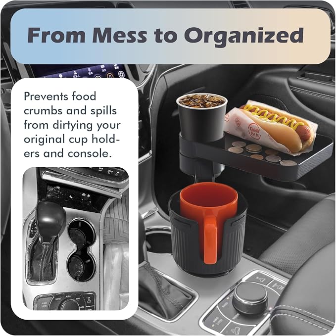 Upgraded Car Cup Holder Tray, 3 in 1 Car Cup Holder Expander Adapter, 360° Rotating Detachable 10.5" Car Food Tray Table for Eating, Road Trip Essentials, Fits Yeti/Hydro Flask 16–46oz