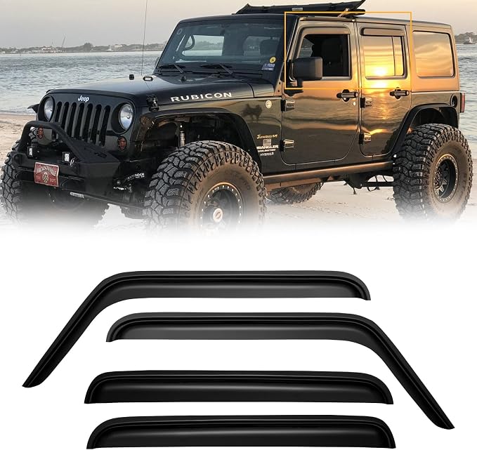 Window Visors for 2007-2018 Jeep Wrangler JK Unlimited 4-Door, Rain Guards Shields Vent Deflector Shade Dark Smoke 08 09 10 11 12 13 14 15 16 17, Tape-On, 4PCS