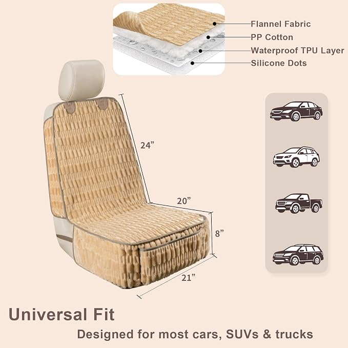 Dog Car Seat Cover for Front Seat, Soft Plush Waterproof Pet Protector with Non-Slip Bottom, Full Coverage with Side Flaps, Against Hair, Dirt and Scratches for SUVs and Trucks (Tan, Front)