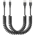 Coiled Car Carplay Charger Fast Charging，[2-Pack, 3Ft] Retractable Braid USB A to USB C Cable for iPhone 17/16/15/Plus/Pro Max/MacBook Pro, Type-C Cord,Black