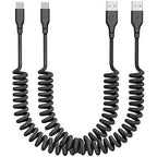 Coiled Car Carplay Charger Fast Charging，[2-Pack, 3Ft] Retractable Braid USB A to USB C Cable for iPhone 17/16/15/Plus/Pro Max/MacBook Pro, Type-C Cord,Black