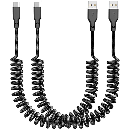 Coiled Car Carplay Charger Fast Charging，[2-Pack, 3Ft] Retractable Braid USB A to USB C Cable for iPhone 17/16/15/Plus/Pro Max/MacBook Pro, Type-C Cord,Black