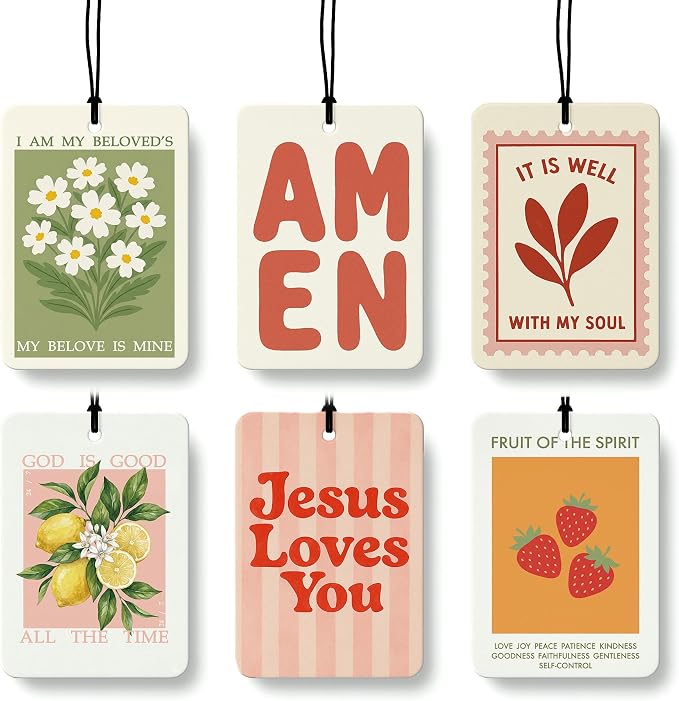 Christian Car Air Freshener 6 Pcs Coconut Scented, Religious Bible Daisy Lemon Strawberry Car Accessories Mirror Decor for Women, Christian Hanging Air Freshener for Cars Closet Drawer Books