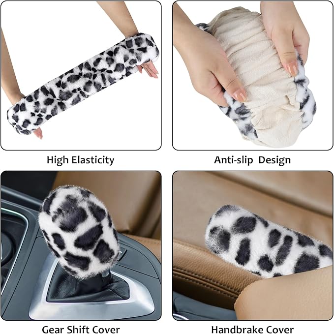Fuzzy Car Steering Wheel Cover, Universal Fit Fur Auto Wheel Cover & Handbrake Cover & Gear Shift Cover Set, Leopard Winter Warm Fluffy Vehicle Wheel Protector Car Accessories for Men Women