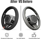 15" Universal Cooling Steering Wheel Cover, Microfiber Non-Slip Breathable Cooling Steering Wheel Protector with Silicone Inner Ring for Round/D Shape, Warm in Winter Cool in Summer, Black Orange