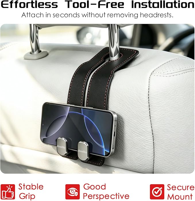 Car Headrest Hook, Car Seat Headrest Hooks and Purse Hook for Car, Leather Seat Back Organizer with Phone Holder, Universal Hidden Storage for SUV/Truck (Brown-2Pack)