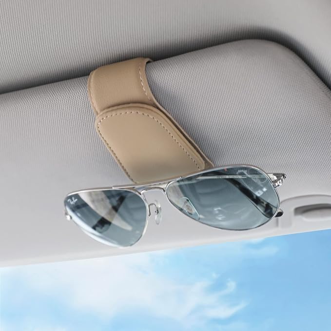 Sunglass Holder for Car Visor Sunglasses Clip Magnetic Leather Glasses Eyeglass Holder Truck Car Interior Accessories Universal for Woman Man -Beige