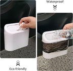 Car Trash Can with Lid, Vehicle Dustbin Garbage Organizer Holder with One Roll Bag, Mini Leakproof Storage Bin for Auto, SUV, Office (White)