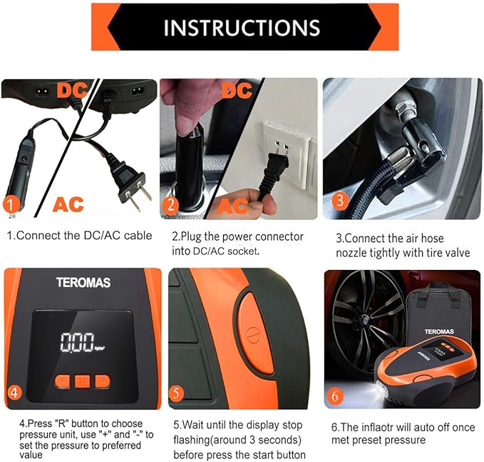 Tire Inflator Portable Air Compressor, Air Pump DC/AC for Car Tires 12V DC and Other Inflatables at Home 110V AC, Digital Electric Tire Pump with Pressure Gauge(Orange)