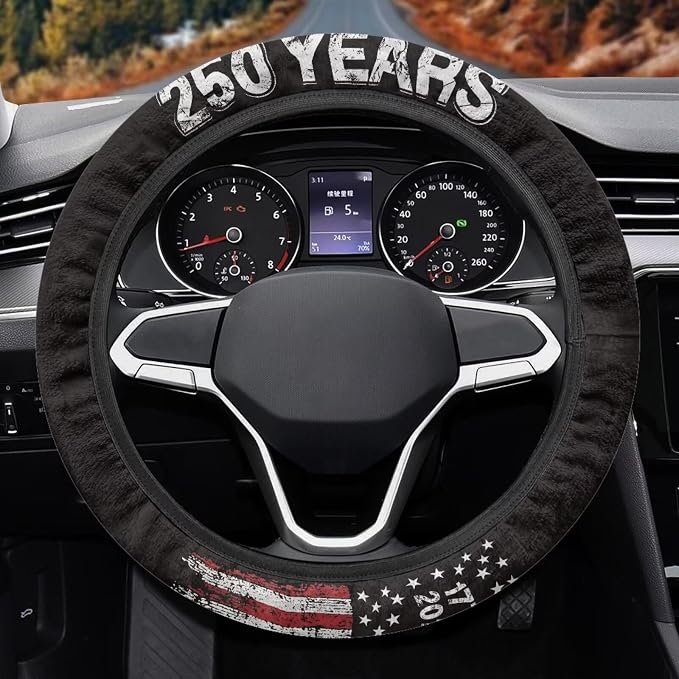 Auto Steering Wheel Covers Comfort Anti-Slip Safety Stretch-on 14-15 inch, American 250 Years Print Easy Fix Machine Washable Steering Wheel Protection