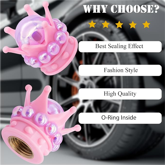 4PCS Crown Bling Tire Stem Valve Caps, Crystal Diamond Tire Air Cap Set Universal Copper Core Stem Covers for Cars, SUV, Trucks, Bikes, Motorcycles, Bicycles (Pink & Purple)
