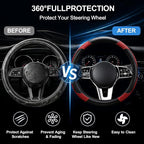 Car Steering Wheel Cover, 15 inch Carbon Fiber Microfiber Anti-Slip Breathable PU Leather Elastic Steering Wheel Protector, Car Interior Accessories for Most Cars (Wine Red)