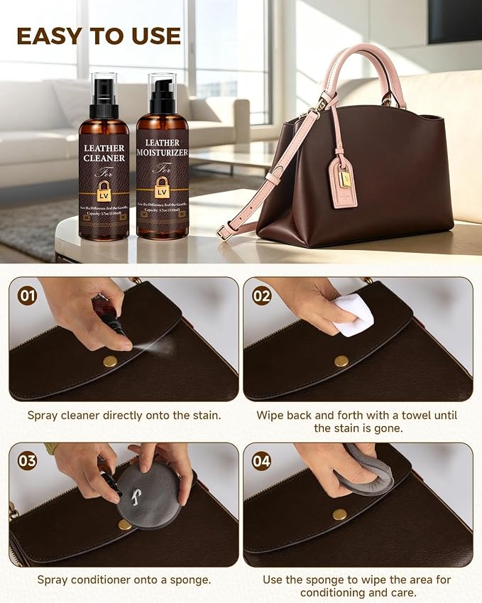 Leather Cleaner & Moisturizer Set for Louis Vuitton, Cleaning and Maintenance Kit for LV, Deep Nourishing & Stain Removal, Gentle Care, Suitable for LV Handbags, Wallets and Other Luxury Brands