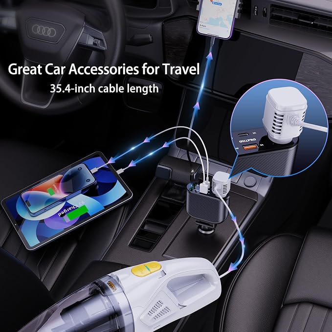 Retractable Car Charger Cigarette Lighter Adapter, 168W 5 in 1 Fast Phone Charging Built-in Replaceable Fuse, Socket Splitter with USB C and USB i Cord, Fit for Phone iPad Galaxy GPS, Black