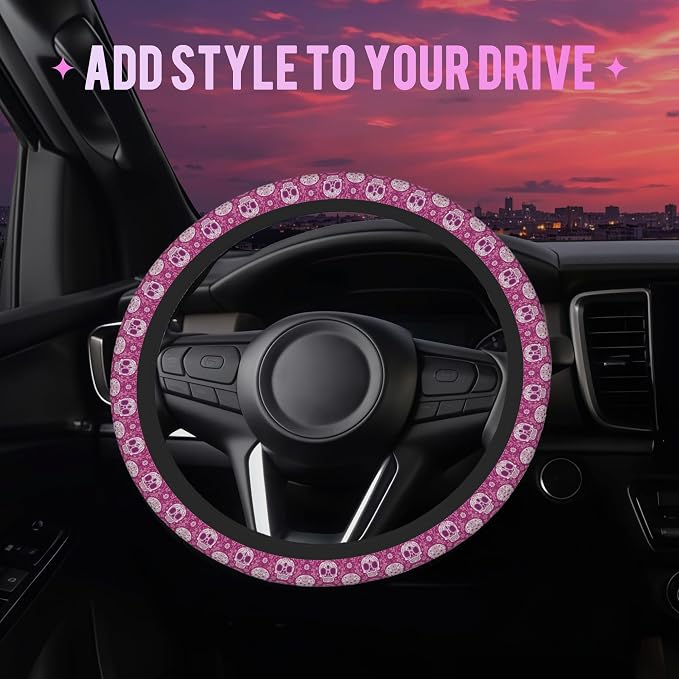 Day of the Dead Sugar Skull Steering Wheel Cover for Women Men Neoprene Breathable Pink Floral Wheel Cover Protector Anti-Slip Car Accessories Universal 15 Inch Fit for Cars Trucks Vehicles