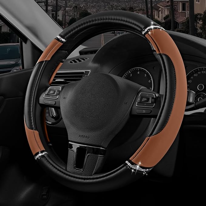 Leather Steering Wheel Cover - Made with PVC Leather Bling Design - Anti-Slip Wheel Cover Universal Fit Most 14 1/2 inches to 15 inches - Brown Color