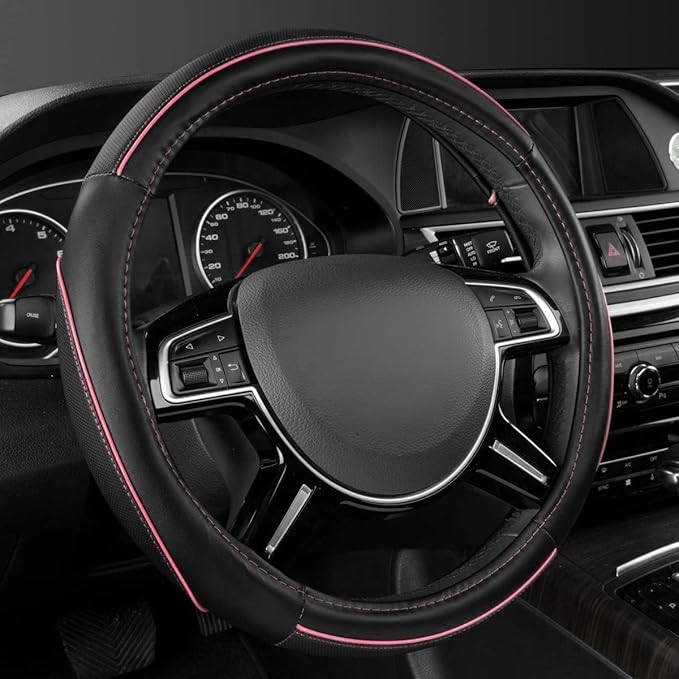 Colour Piping Leather Universal Fit Steering Wheel Cover, Perfectly fit for 14.5-15 inches Suvs, Vans, Trucks, Sedans, Cars (Black&Pink)