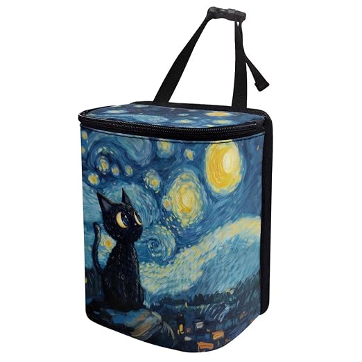 Cat Starry Night Print Car Trash Can with Lid, Leak Proof Auto Trash Bag Hanging Vehicle Garbage Can Multipurpose Storage Container for Back Seat Road Trip