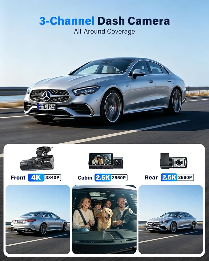 3 Channel Dash Cam Front and Rear Inside-4K+2.5K+2.5K, 4K Dash Cam, Free 64GB Card, WiFi Dashcam with GPS, G-Sensor,Loop Recording, HDR, 24H Parking Monitor, Car Dash Cam for Rideshare & Taxi