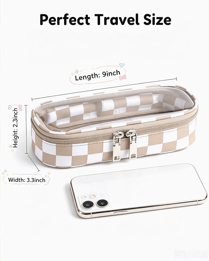 Preppy Checkered Clear Travel Makeup Brush Holder,Khaki and Beige Checkered Makeup Brush Toiletry Bag, Portable Cosmetic Brush Case,Transparent Waterproof Makeup Brush Storage Bag