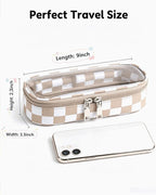 Preppy Checkered Clear Travel Makeup Brush Holder,Khaki and Beige Checkered Makeup Brush Toiletry Bag, Portable Cosmetic Brush Case,Transparent Waterproof Makeup Brush Storage Bag