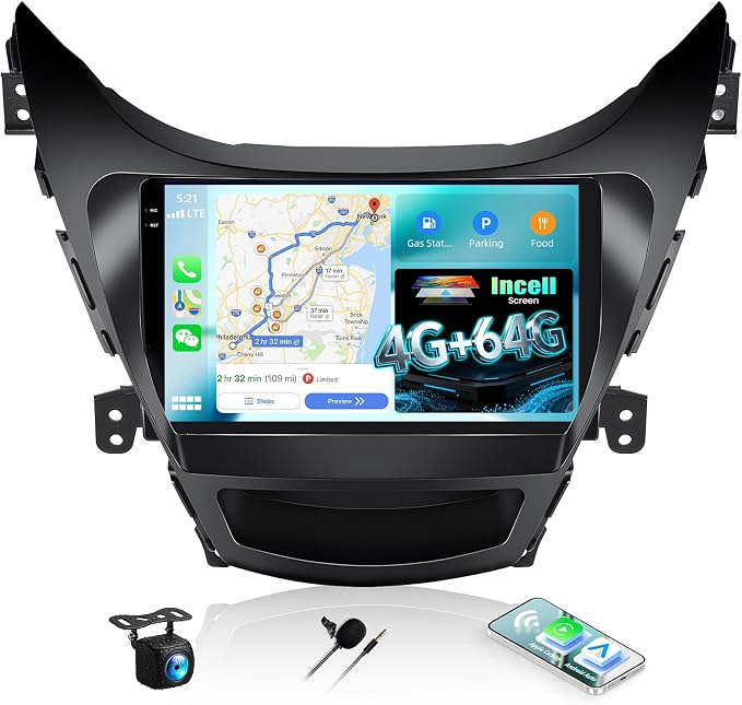 4G+64G Car Radio for Hyundai Elantra 2011 2012 2013 Android 13 Replacement Upgrade Stereo with CarPlay Android Auto 9 Inch Touch Screen Head Unit with Backup Camera Mic