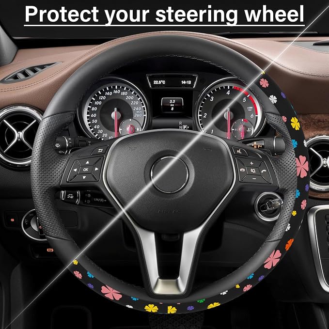 Steering Wheel Cover Neoprene Material Most Cars Men&Women Universal 15 inch Premium Non-Slip Spring Steering Wheel Protector Floral Car Accessories (Lucky Clever)