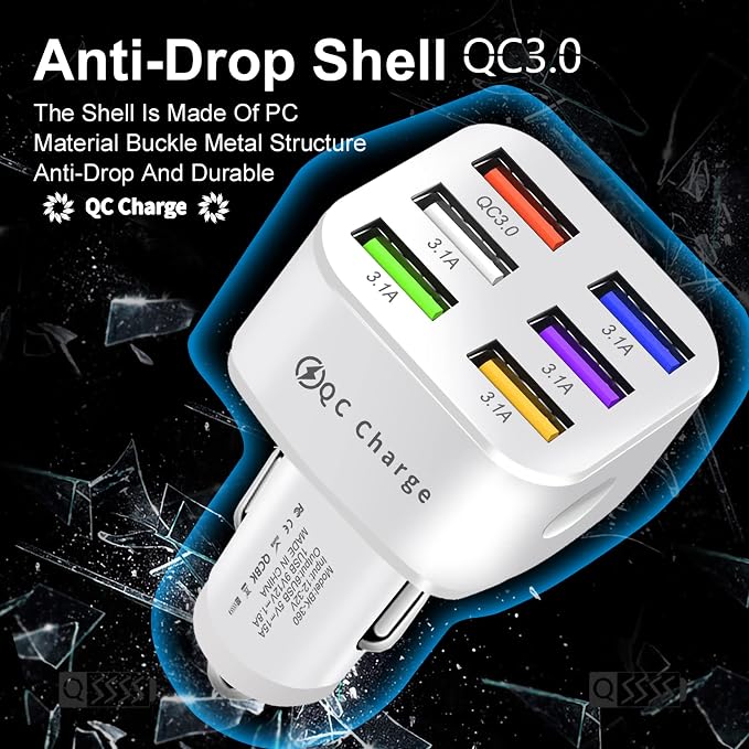 Car Charger Adapter, 6 USB Multi Port, Fast Charger, Include QC 3.0 and 5 Other Ports, Car Interior Accessories, Fit for iPhone 17/16/15/14/13Pro Max, Samsung, Android (White 1pc)