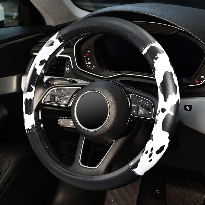 16 inch Steering Wheel Cover Cow Print, Breathable Microfiber Leather Compatible Large-Size for F150 F250 F350 Ram 4Runner Tacoma Tundra Range Rover Model Car Accessories for Women Men