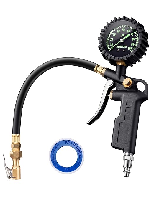 Tire Pressure Gauge with Inflator, 100 PSI-ANSI B40.1 Accurate, Large 2.5" Easy Read Glow Dial, Heavy Duty Air Chuck and Compressor Accessories with Rubber Hose and Quick Connect Coupler