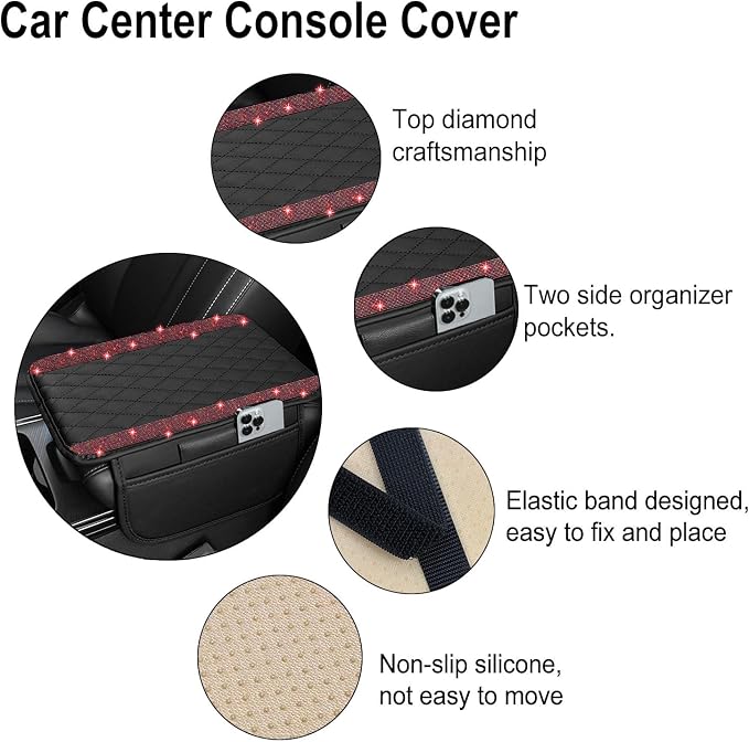 Bling Car Center Console Cover, Leather Car Arm Rest Cover Cushion with 2 Storage Bags, Universal Automotive Armrest Protector Storage Box, Bling Accessories Interior for Most Vehicles (Red)