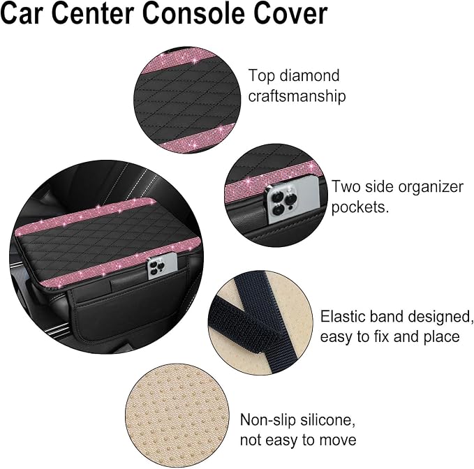 Bling Car Center Console Cover, Leather Car Arm Rest Cover Cushion with 2 Storage Bags, Universal Automotive Armrest Protector Storage Box, Bling Accessories Interior for Most Vehicles (Pink)