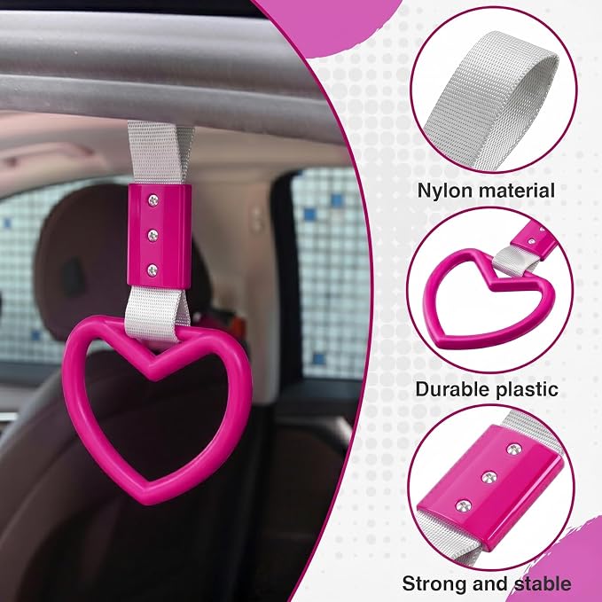 2PCS Heart Shaped Car Handle Straps, Rear Bumper Warning Keychain Ring for Car Exterior Accessories (Hot Pink-Silver)